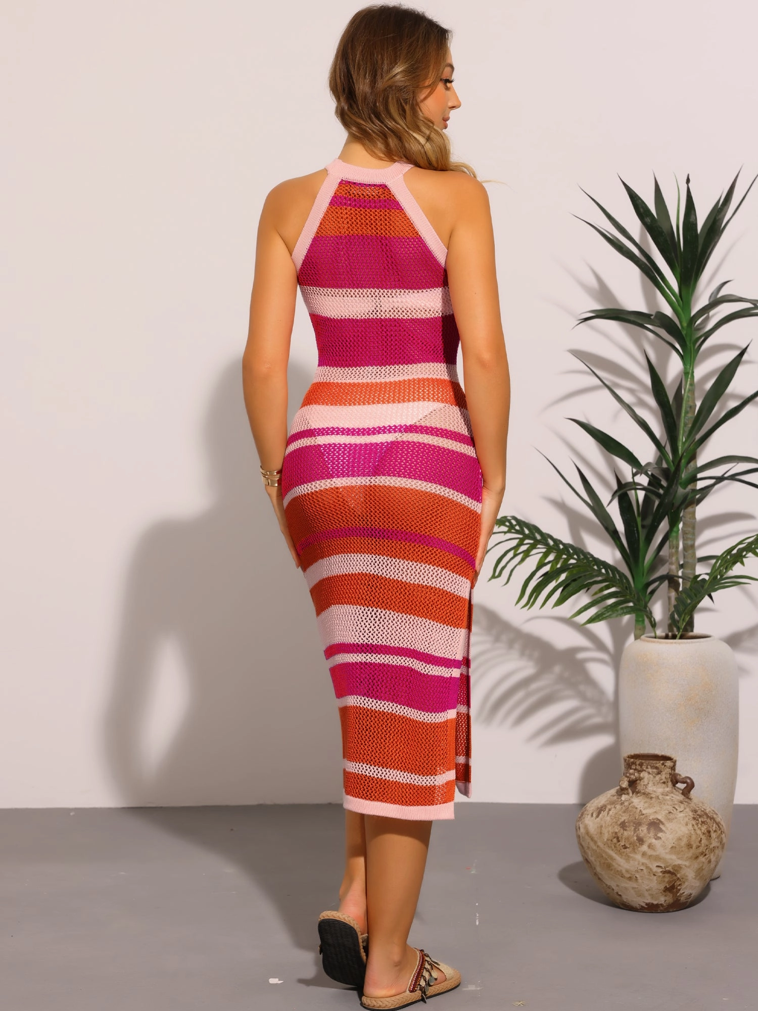 Colorblock Halter Crochet Sleeveless Midi Dress Cover Ups