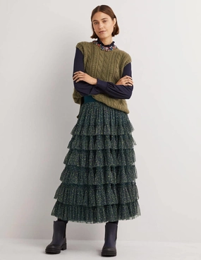 Green Ditsy Floral Tulle Midi Skirt-Seaweed. Wild Vine