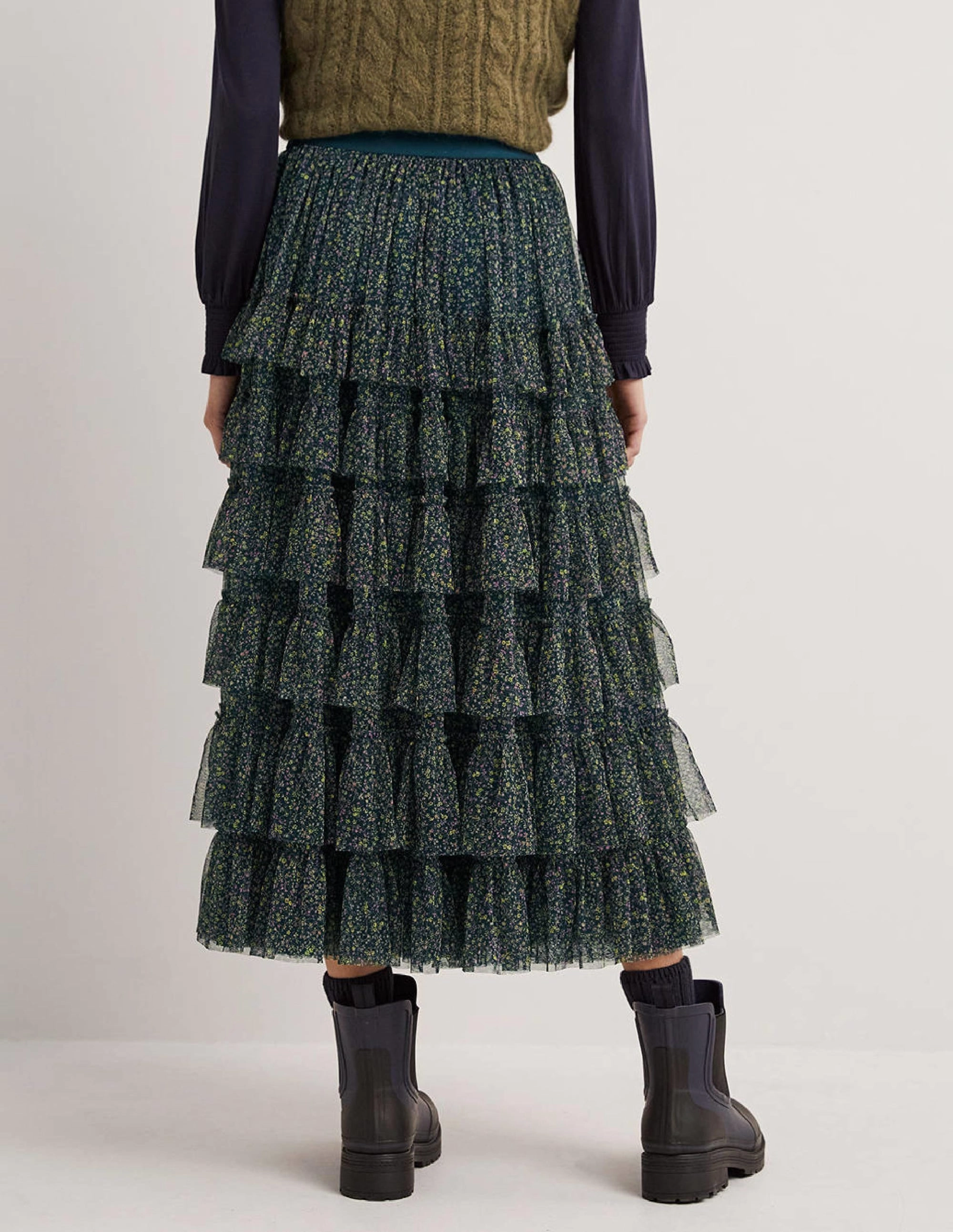 Green Ditsy Floral Tulle Midi Skirt-Seaweed. Wild Vine