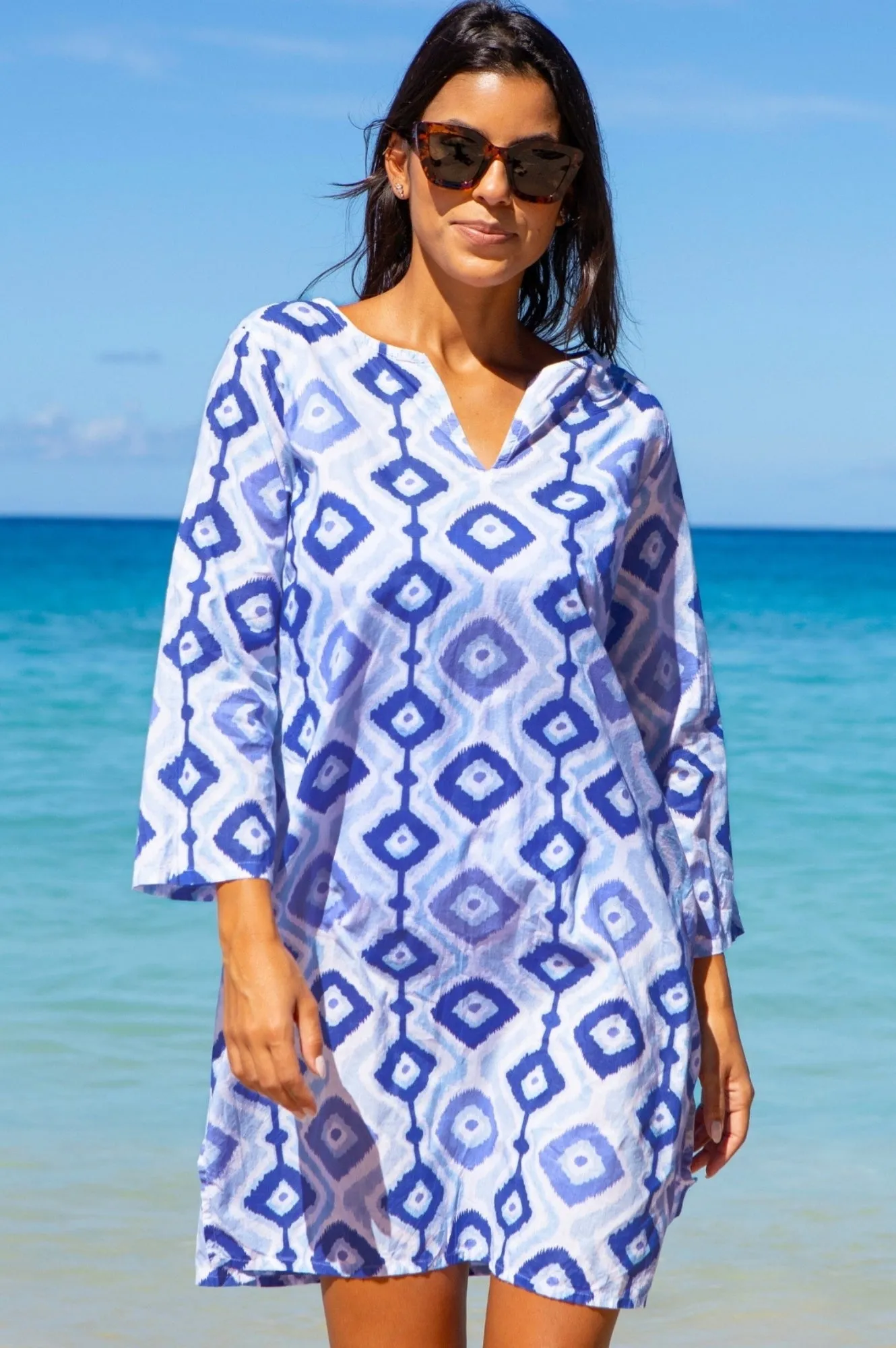 Guadalupe Short Tunic | Diamond Ikat Blue/White
