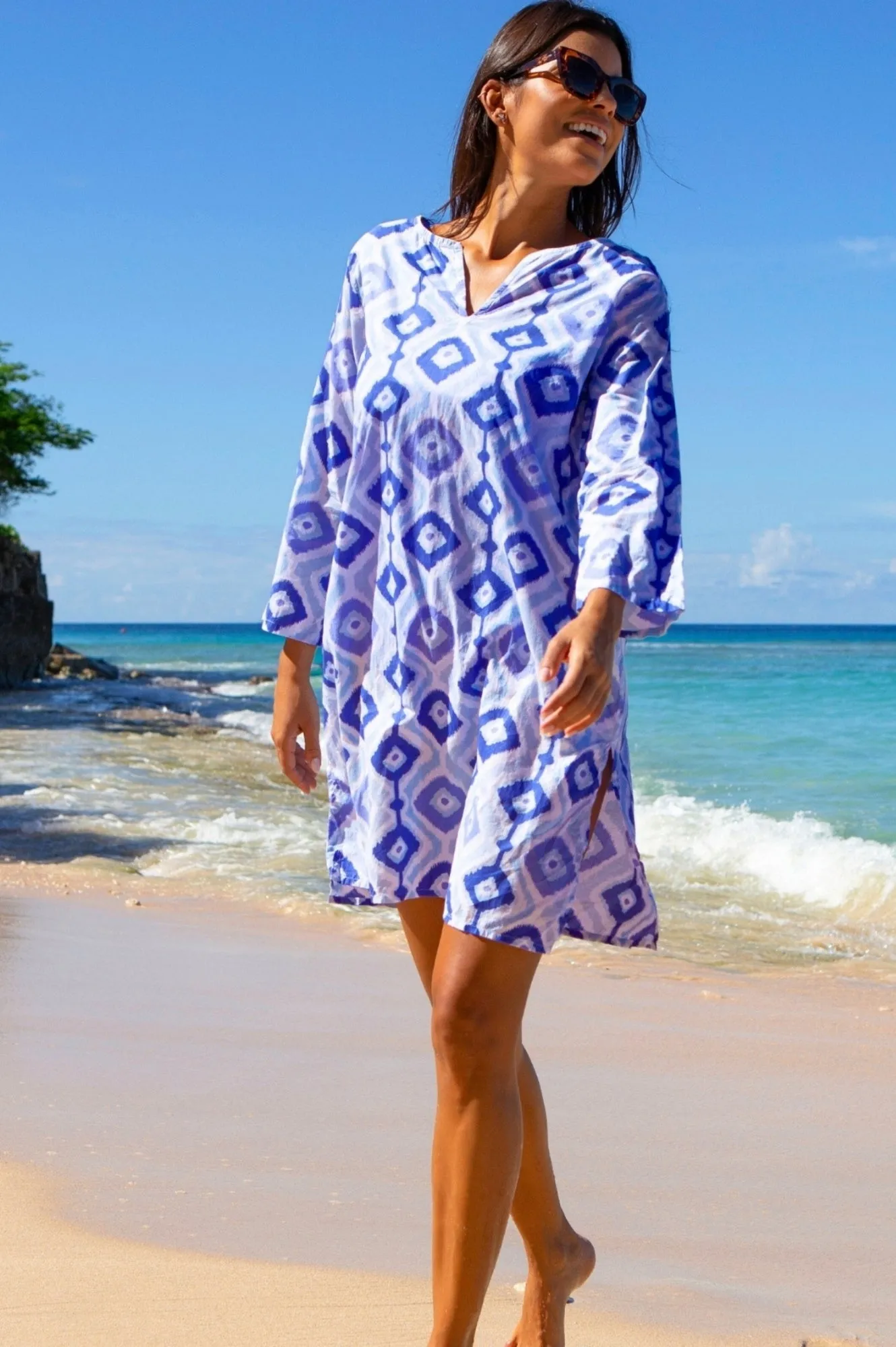 Guadalupe Short Tunic | Diamond Ikat Blue/White