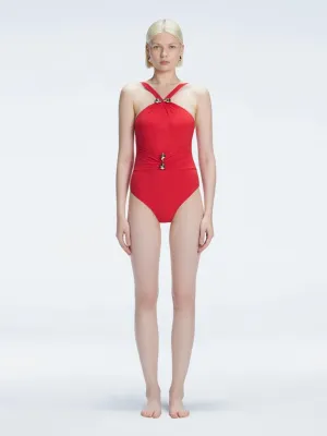 Lyra Red High Neck One Piece Swimsuit