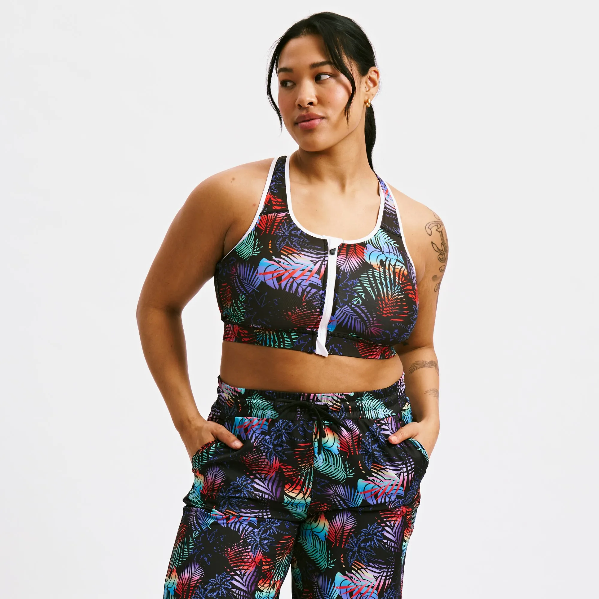 Swim Racerback Zip Compression Top - Palm Dreams